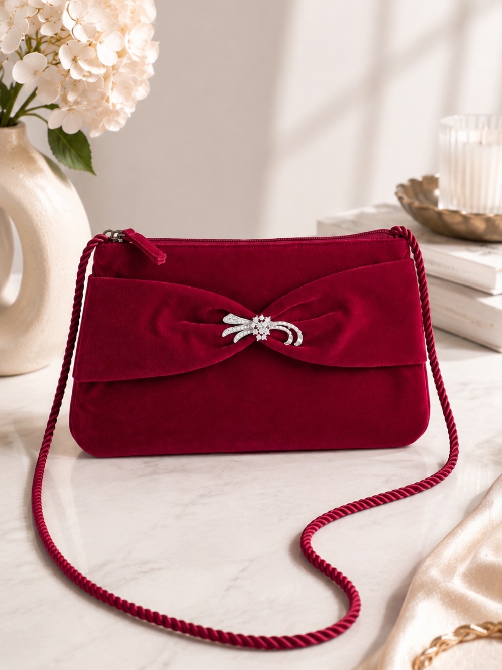 Vintage Red Velvet Evening Bag Crystal Bow Clutch Purse Y2K Luxe Glam Romantic